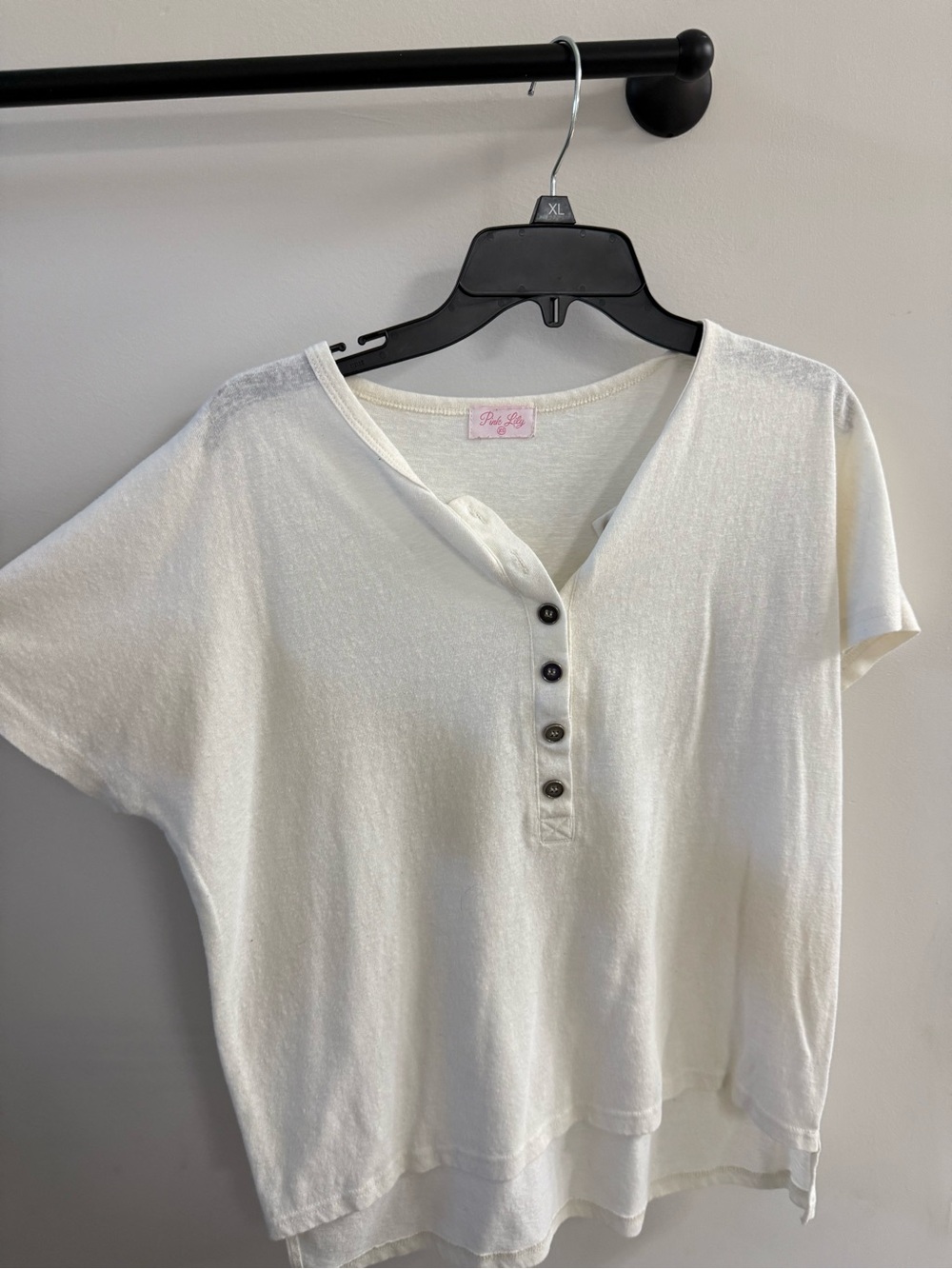 Pink Lily Cream Short-Sleeve Button Henley Top
